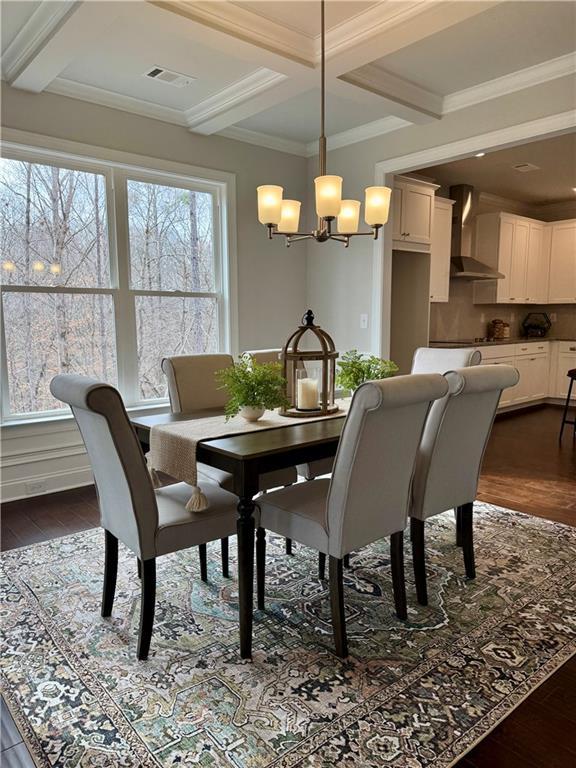 7580 Sunridge Ln, Douglasville, GA 30135 - dining area with an inviting chandelier, dark wood-style floors, coffered ceiling, and visible vents