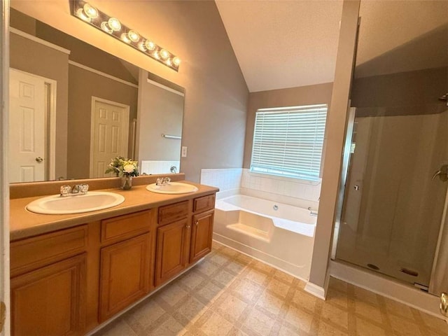 bathroom with shower with separate bathtub, lofted ceiling, and vanity