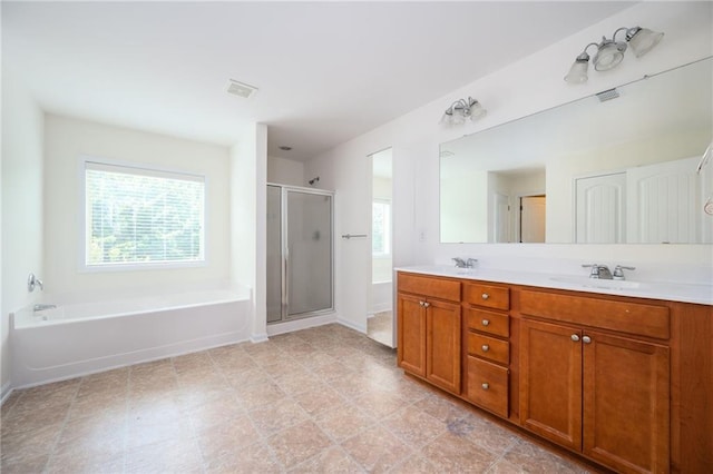 558 Olympic Way, Acworth, GA 30102 - full bathroom with a bath, double vanity, and a stall shower
