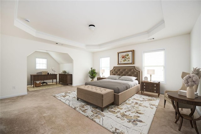 558 Olympic Way, Acworth, GA 30102 - bedroom featuring a raised ceiling, carpet flooring, ornamental molding, arched walkways, and an office area