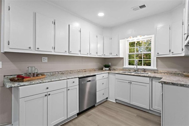 kitchen with white cabinetry, dishwasher, and sink