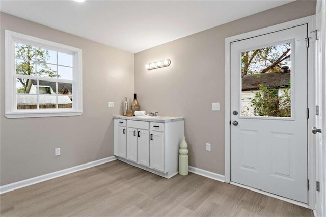 bathroom featuring hardwood / wood-style flooring, vanity, and a healthy amount of sunlight