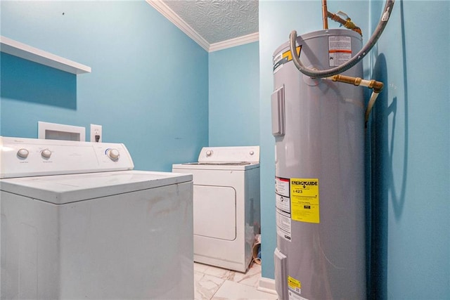 2087 Chestnut Way, Lithia Springs, GA 30122 - laundry area with water heater, washing machine and clothes dryer, ornamental molding, light marble finish flooring, and a textured ceiling