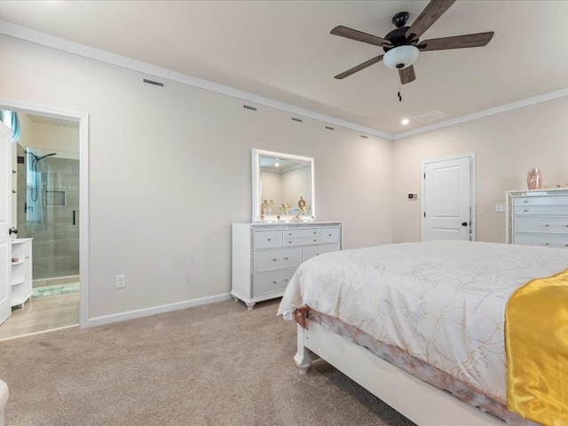 bedroom with light carpet, crown molding, visible vents, and baseboards