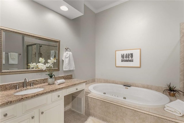 full bathroom with vanity, ornamental molding, tile patterned flooring, a shower stall, and a bath