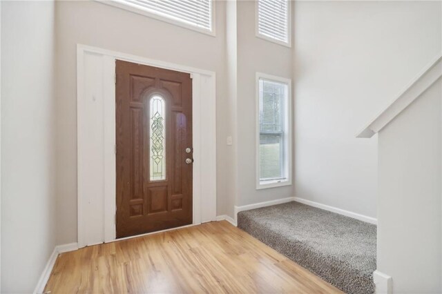 entrance foyer with baseboards, a healthy amount of sunlight, and wood finished floors