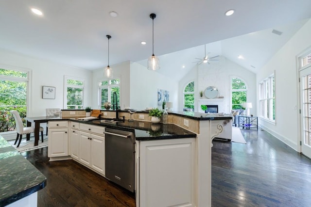 kitchen with dark wood-style floors, vaulted ceiling, a sink, and stainless steel dishwasher