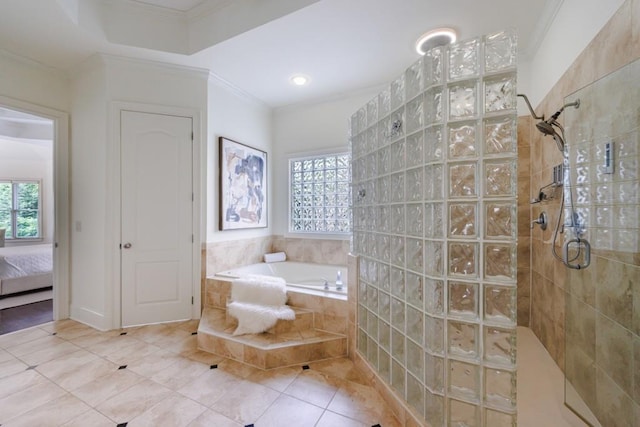 bathroom with crown molding, ensuite bathroom, a walk in shower, tile patterned flooring, and a bath