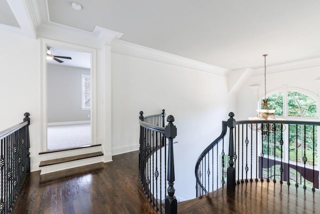 hall with a notable chandelier, ornamental molding, a healthy amount of sunlight, an upstairs landing, and wood finished floors