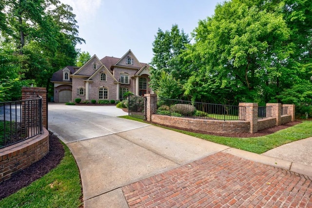 view of front of property featuring stone siding, a fenced front yard, and driveway