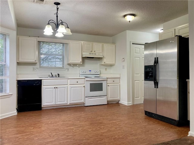 kitchen with stainless steel refrigerator with ice dispenser, electric range, decorative light fixtures, black dishwasher, and light hardwood / wood-style floors