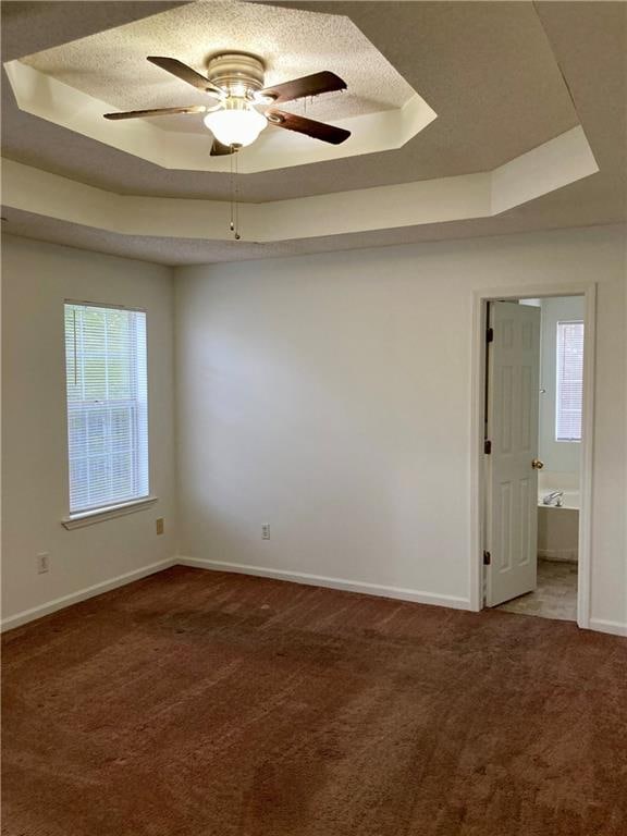 carpeted spare room featuring a raised ceiling, ceiling fan, and plenty of natural light