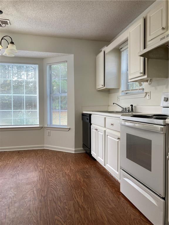 kitchen featuring white range with electric cooktop, white cabinets, dark hardwood / wood-style floors, black dishwasher, and a textured ceiling