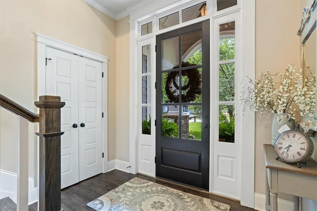 entrance foyer with crown molding and dark hardwood / wood-style flooring