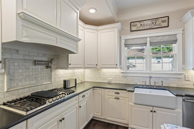 kitchen with appliances with stainless steel finishes, tasteful backsplash, white cabinetry, sink, and custom exhaust hood