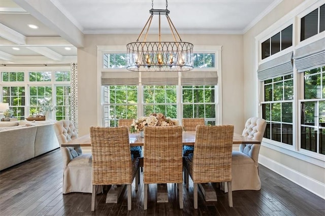 dining space featuring coffered ceiling, a chandelier, ornamental molding, dark hardwood / wood-style flooring, and beamed ceiling