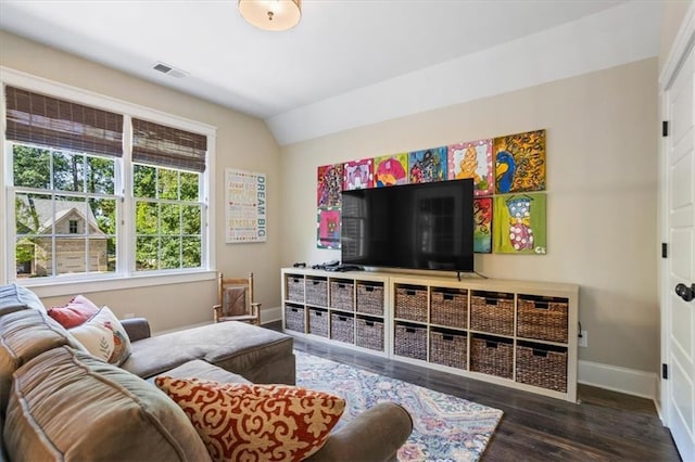 living room with lofted ceiling and dark wood-type flooring