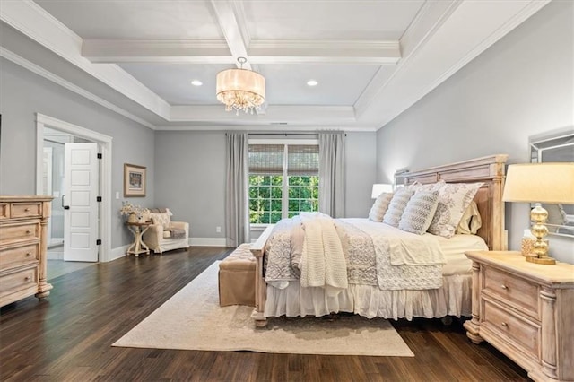 bedroom with a notable chandelier, dark wood-type flooring, ornamental molding, and beamed ceiling