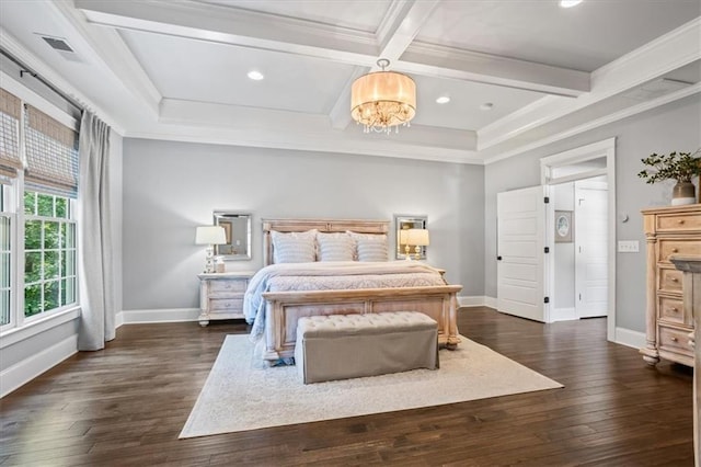 bedroom with dark hardwood / wood-style floors, crown molding, coffered ceiling, and beam ceiling