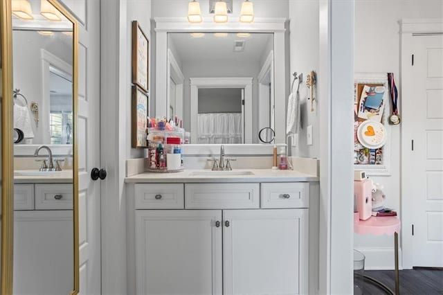 bathroom featuring vanity and hardwood / wood-style flooring