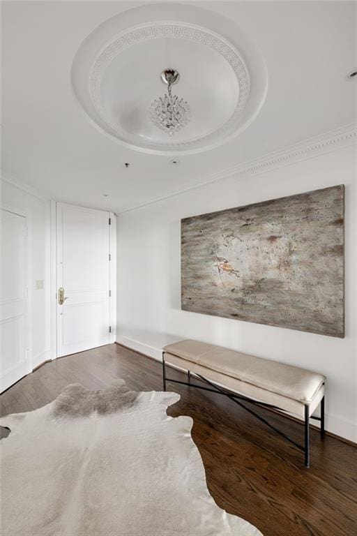 unfurnished room featuring a tray ceiling, baseboards, and wood finished floors