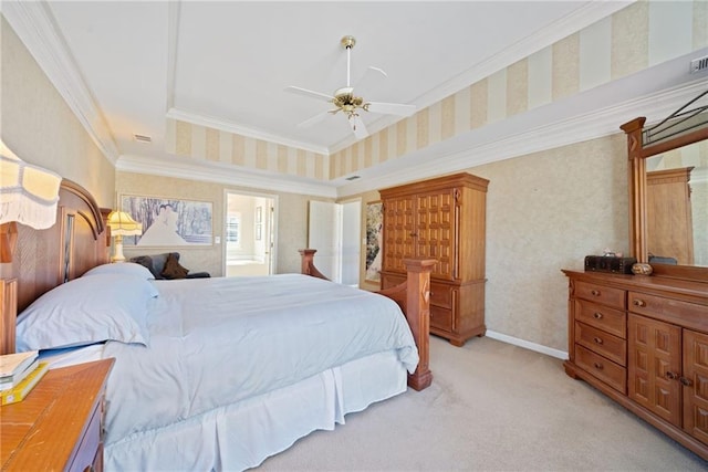 bedroom featuring a raised ceiling, crown molding, light colored carpet, and ceiling fan