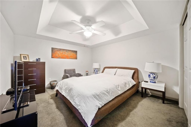 bedroom featuring ceiling fan, carpet flooring, a raised ceiling, and a closet