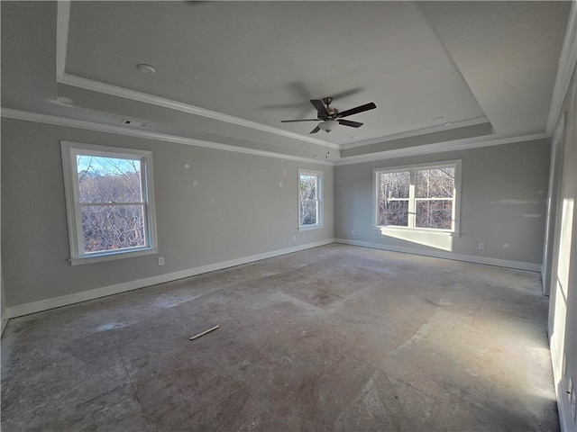 spare room with crown molding, a healthy amount of sunlight, and a raised ceiling