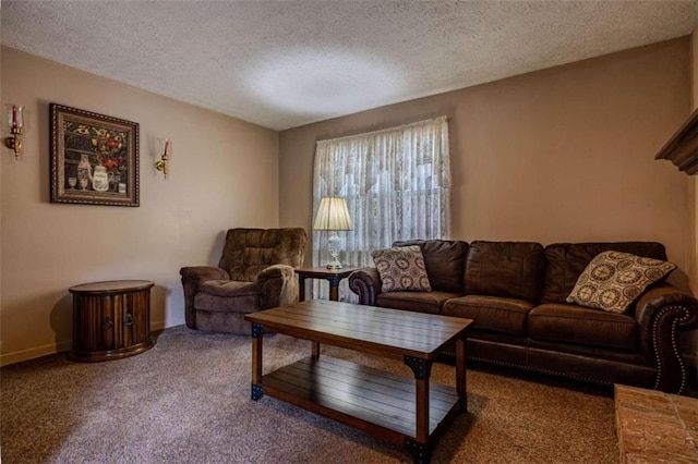 living room with carpet and a textured ceiling