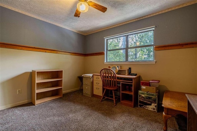 carpeted office featuring a textured ceiling, ceiling fan, and lofted ceiling