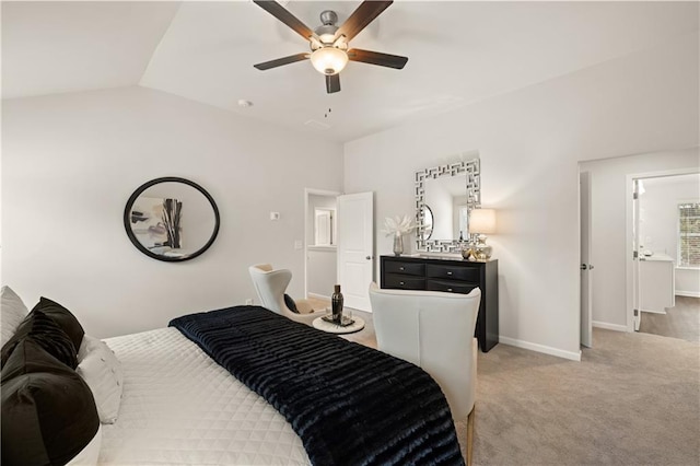 bedroom featuring ceiling fan, vaulted ceiling, and carpet floors