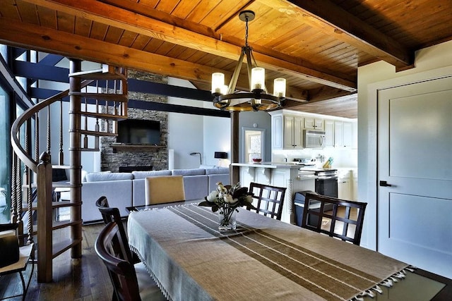 dining area featuring wooden ceiling, dark wood-style floors, a fireplace, and a notable chandelier