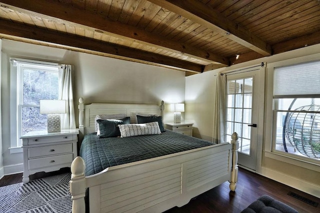 bedroom featuring multiple windows, visible vents, wood ceiling, and dark wood-style flooring