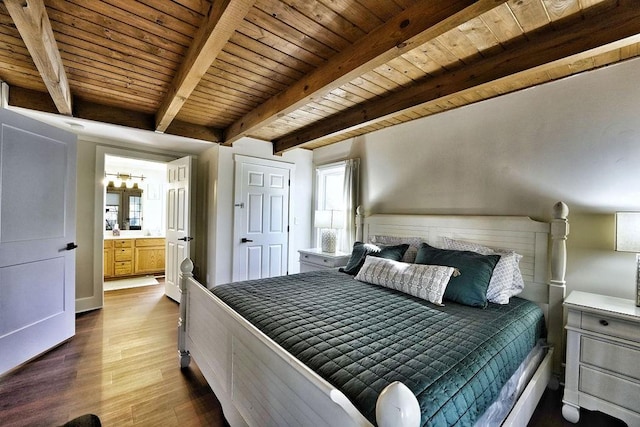 bedroom featuring ensuite bathroom, beamed ceiling, wood finished floors, and wood ceiling