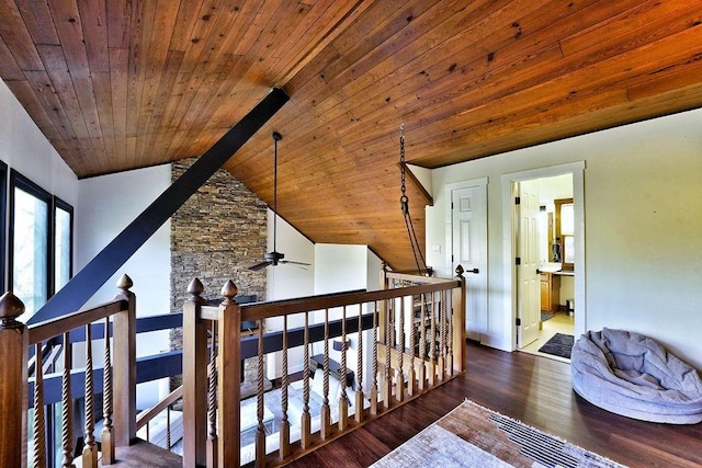 hall featuring wood ceiling, an upstairs landing, high vaulted ceiling, and wood finished floors