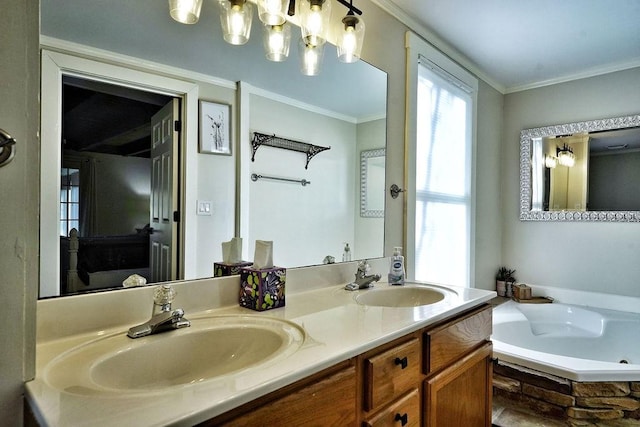 bathroom with double vanity, a sink, crown molding, and a garden tub