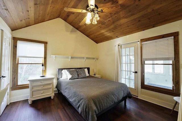 bedroom featuring dark wood-style flooring, wooden ceiling, and lofted ceiling