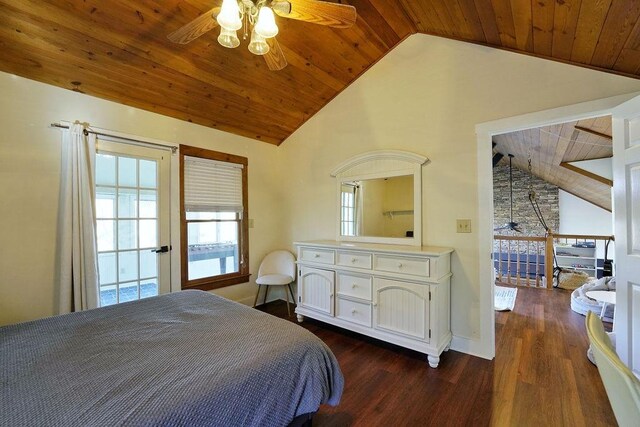 bedroom with baseboards, lofted ceiling, wood ceiling, and dark wood-type flooring