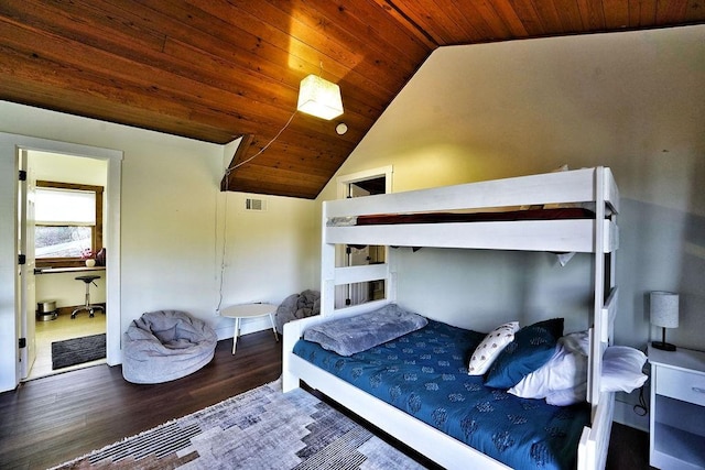 bedroom with visible vents, wood finished floors, wooden ceiling, and vaulted ceiling