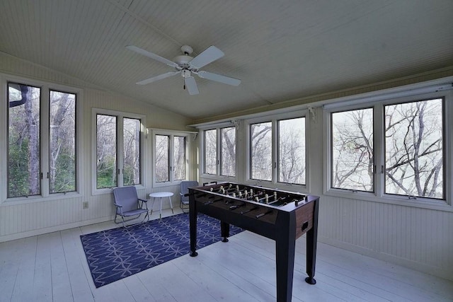 playroom featuring hardwood / wood-style floors, lofted ceiling, a ceiling fan, and wooden ceiling