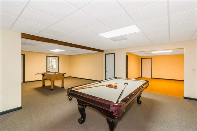 game room with pool table, carpet flooring, and a drop ceiling