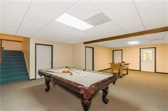 playroom with billiards, a drop ceiling, and light carpet