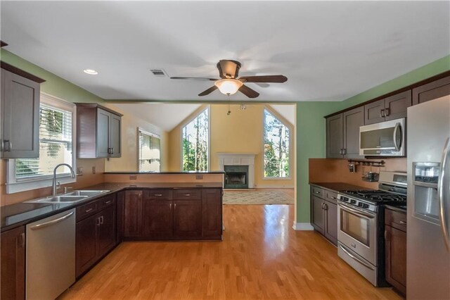 kitchen with appliances with stainless steel finishes, light wood-type flooring, sink, and dark brown cabinetry