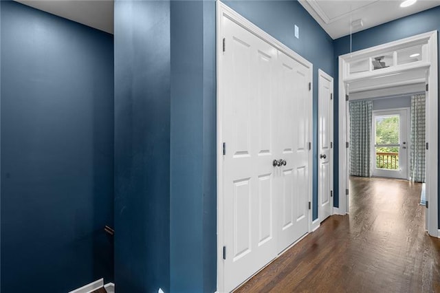 hallway with dark wood-type flooring