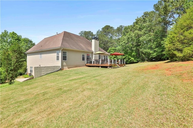 back of house with a wooden deck and a lawn