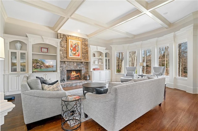 2260 Wood Falls Dr, Cumming, GA 30041 - living area with a stone fireplace, baseboards, dark wood-type flooring, beamed ceiling, and coffered ceiling