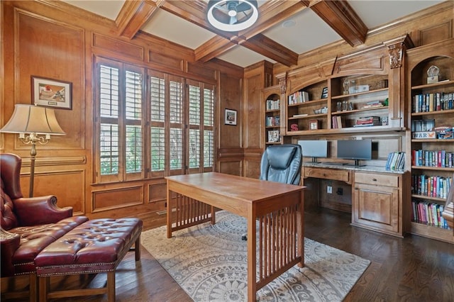 2260 Wood Falls Dr, Cumming, GA 30041 - office space featuring coffered ceiling, dark wood-style flooring, and beam ceiling