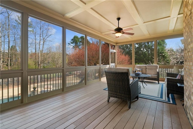 2260 Wood Falls Dr, Cumming, GA 30041 - sunroom / solarium featuring beamed ceiling, ceiling fan, an outdoor living space, and coffered ceiling