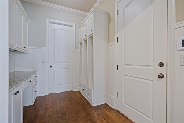 2260 Wood Falls Dr, Cumming, GA 30041 - mudroom with crown molding, wainscoting, and dark wood finished floors