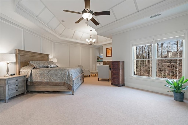 2260 Wood Falls Dr, Cumming, GA 30041 - carpeted bedroom with visible vents, ceiling fan with notable chandelier, crown molding, and a decorative wall